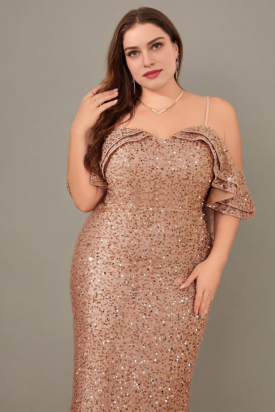 Curveins Plus Size Sequin Off The Shoulder Ruffle Formal Dress