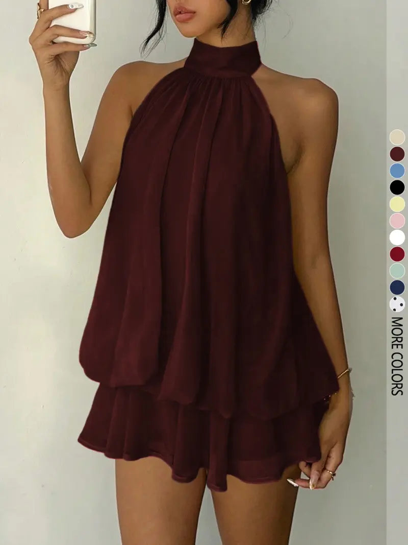 Women's Simple Solid Backless Halter One-Piece Jumpsuit, Elegant Ruffle Design, Perfect for Casual Wear, All Seasons Fashion