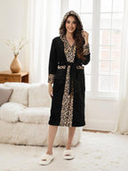 Women's Leopard Print Thermal Lined Bathrobe, Casual Soft Comfortable Long Sleeve Belted Robe, Women's Sleepwear for Fall & Winter