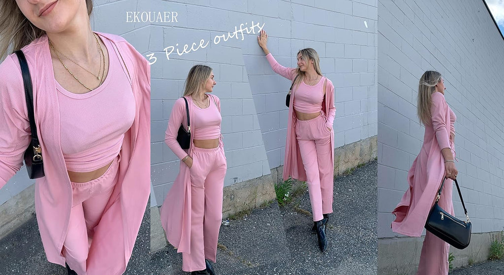 Women's 3 Piece Lounge Set Pajama Long Sleeve Cardigan Sleeveless Top Pants Sweatsuit