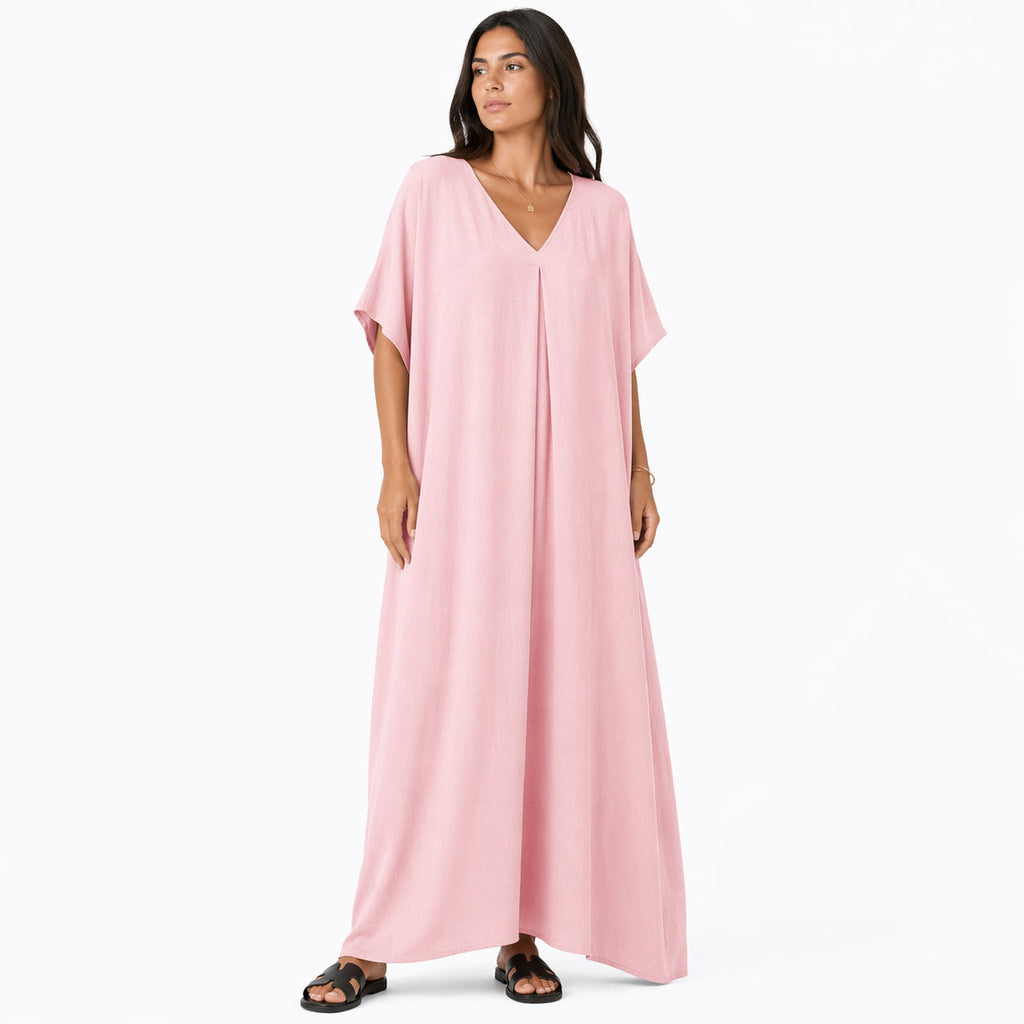 Women's long, flowy, oversized V-neck dress – chic and comfortable for summer.