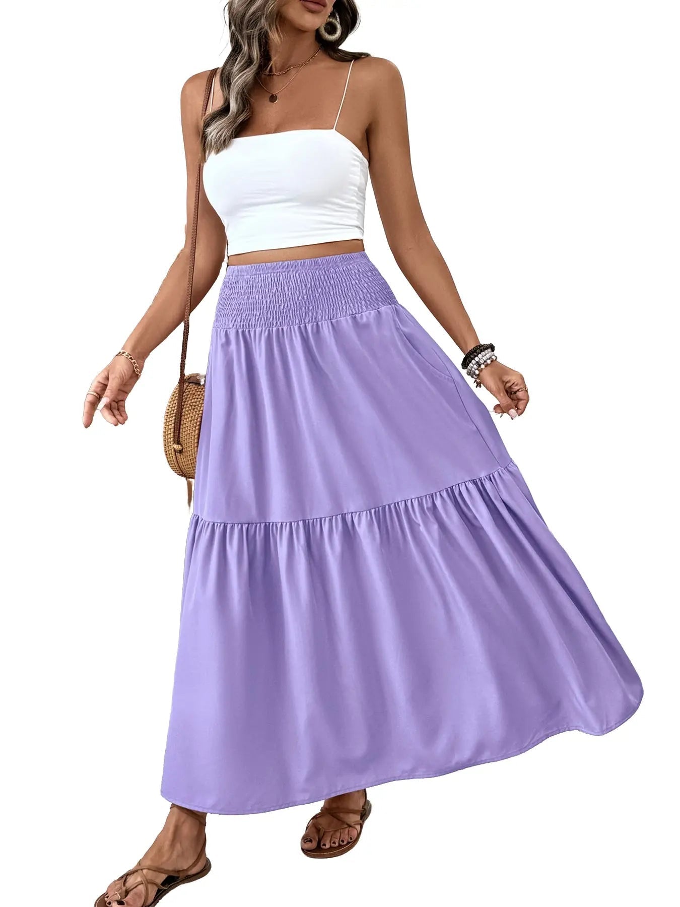 Women's Floral Casual A-Line Skirt, Elastic Waist Pockets, Leaf Hem, Long Fitted Skirt, Fashionable Mid-Length Dress