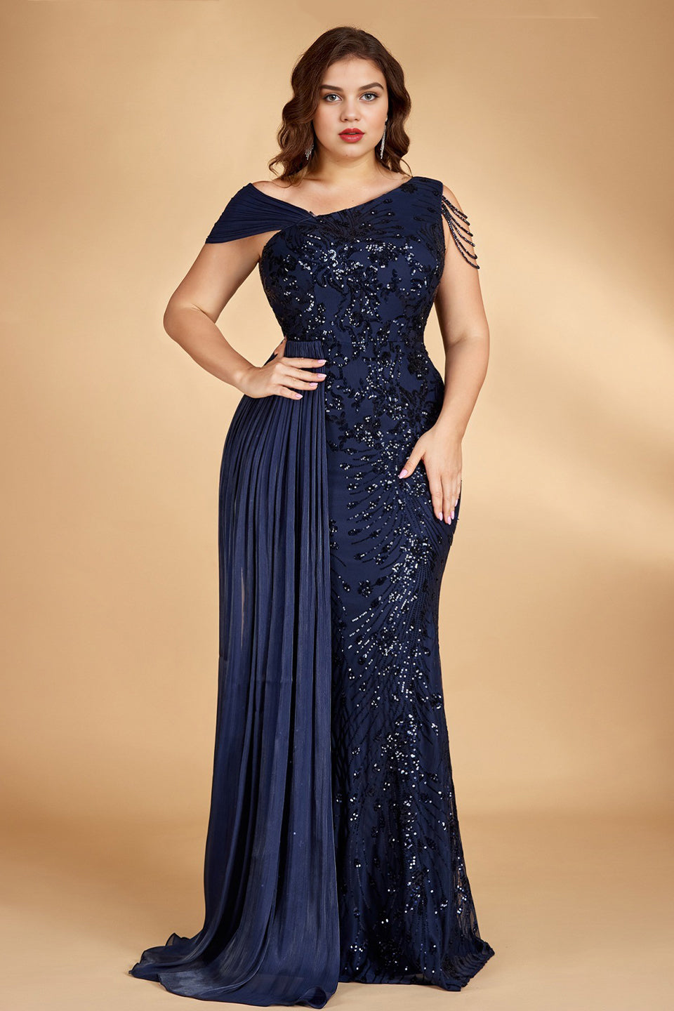 Curveins Plus Size One Shoulder Sleeveless Beaded Ribbon Elegant Maxi Dress