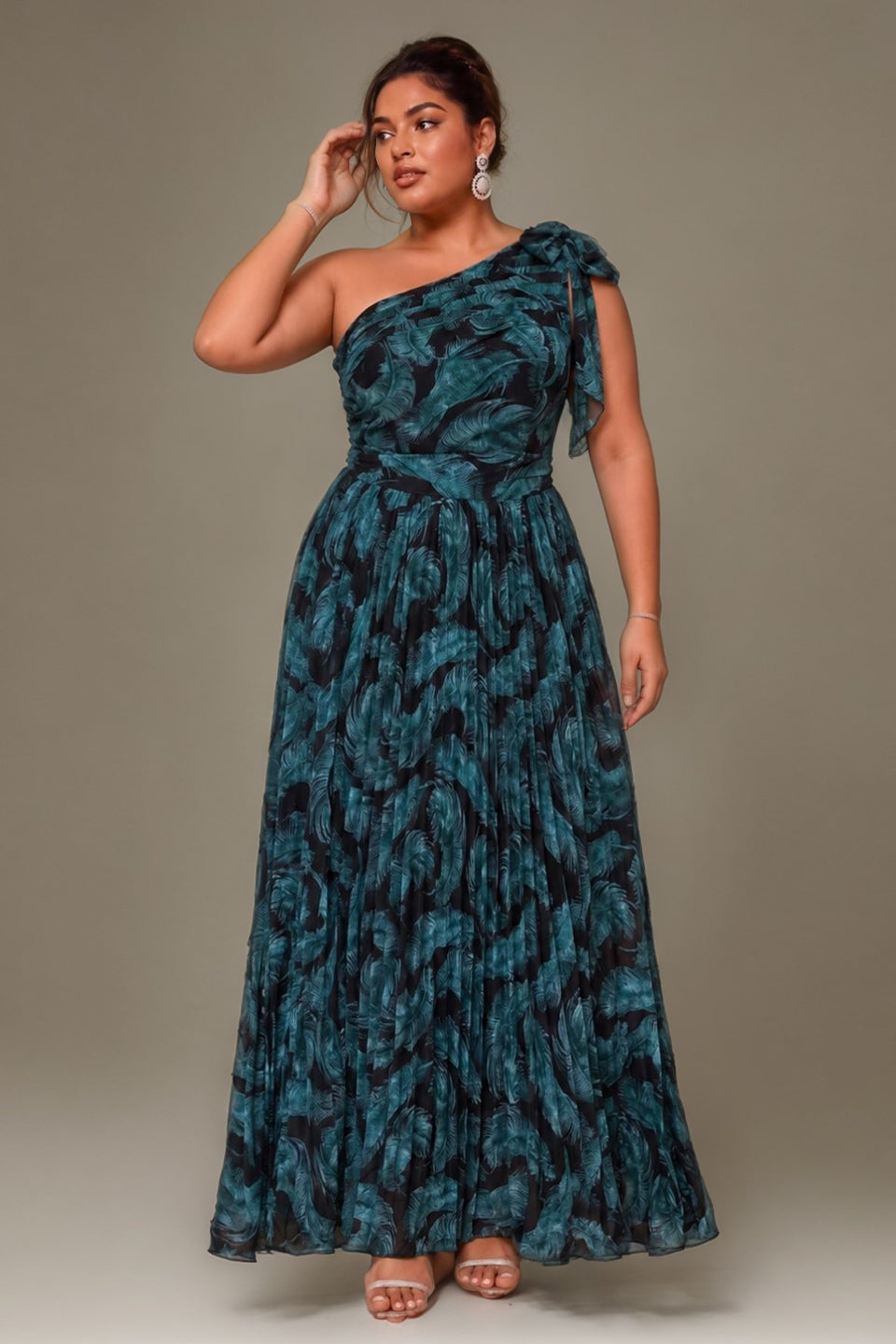 Curveins Plus Size One Shoulder Striped Cinched Waist Elegant Flowing Maxi Dress