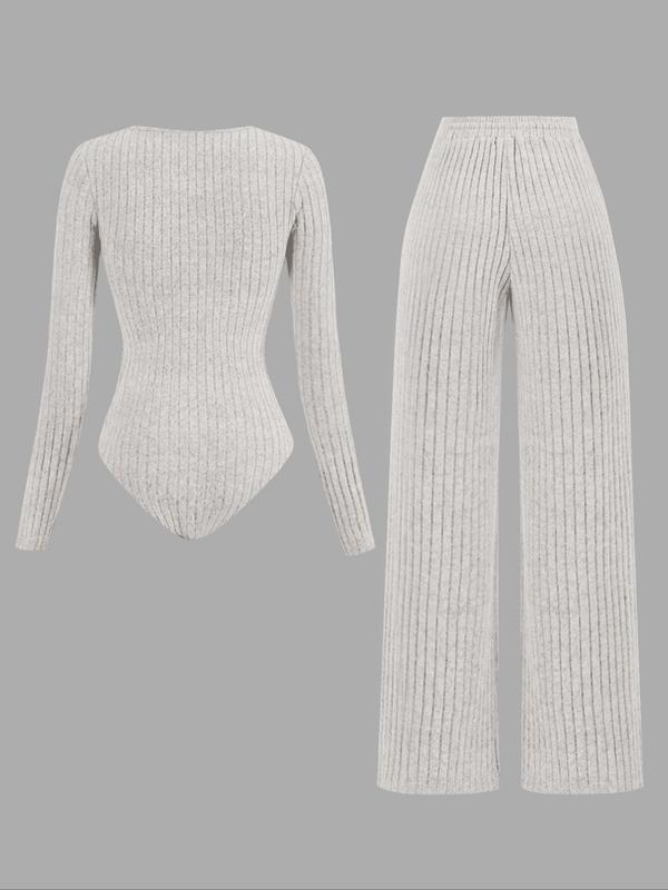 Women's Slim-Fit Solid Color Ribbed Fleece Jumpsuit Set, Wide Leg Pants, Fashionable Comfortable Fabric for Daily Wear