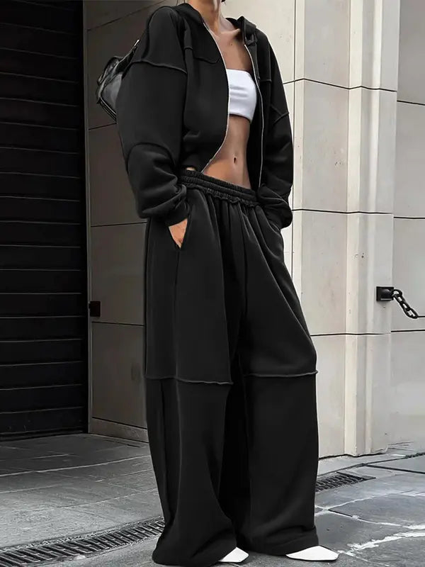 Women's Solid Zip Up Hooded Sweatshirt & Pocket Elastic Waist Pants Two-piece Set, Casual Drop Shoulder Long Sleeve Top & Trousers for Fall & Winter, Women's Clothes for Daily Wear