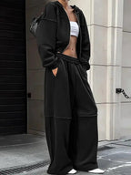 Women's Solid Zip Up Hooded Sweatshirt & Pocket Elastic Waist Pants Two-piece Set, Casual Drop Shoulder Long Sleeve Top & Trousers for Fall & Winter, Women's Clothes for Daily Wear