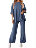 Women's Solid Drop Shoulder Tee & Elastic Waist Pants Two-piece Set