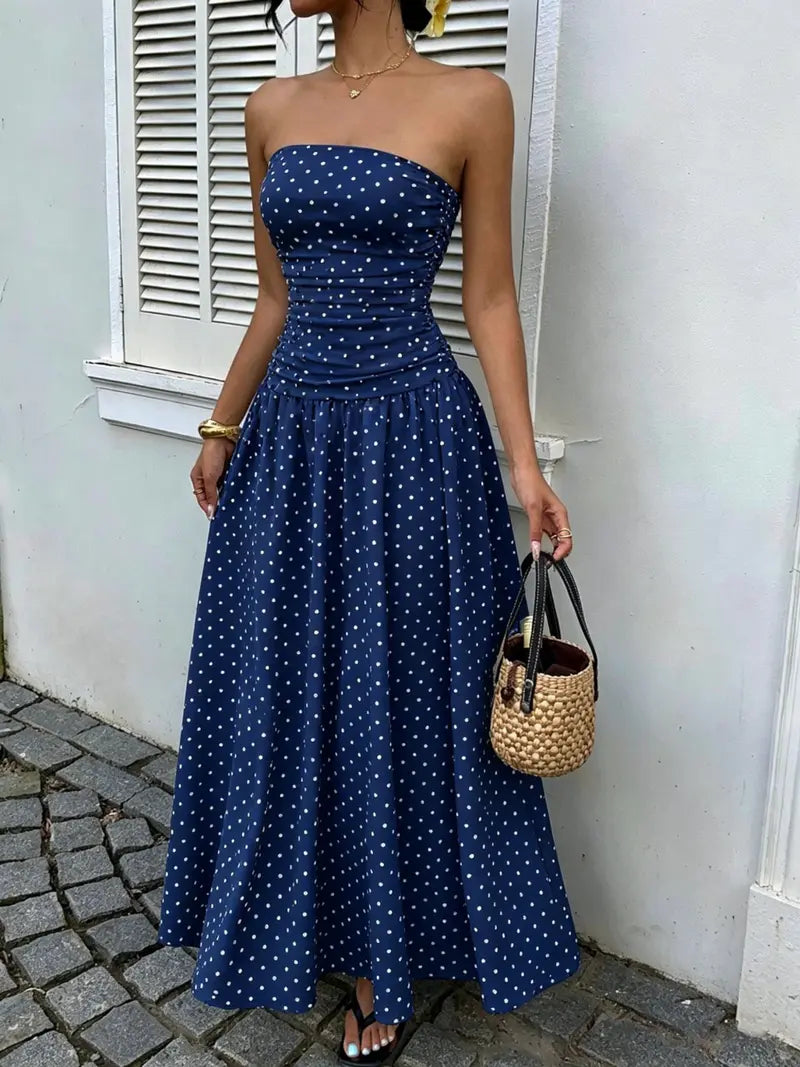 Women's Elegant Fashion Polka Dot Strapless Dress, Stylish Sleeveless Maxi Dress for Parties and Casual Wear Womenswear, Elegant Evening Dress