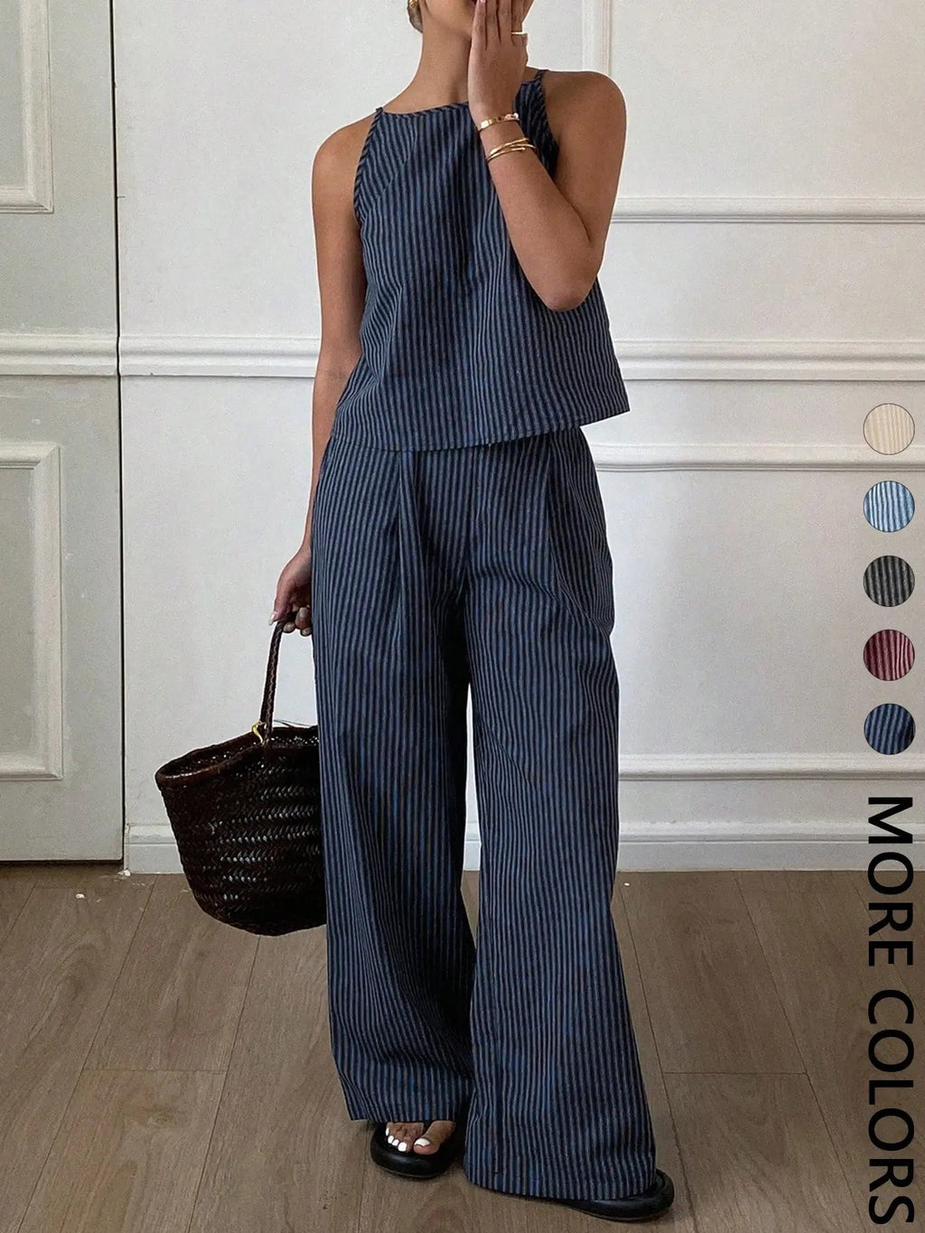 Two-Piece Women's Casual Summer Striped Lightweight Spaghetti Strap Sleeveless Top & Loose Long Pants Outfit Set, Comfortable Stylish Set