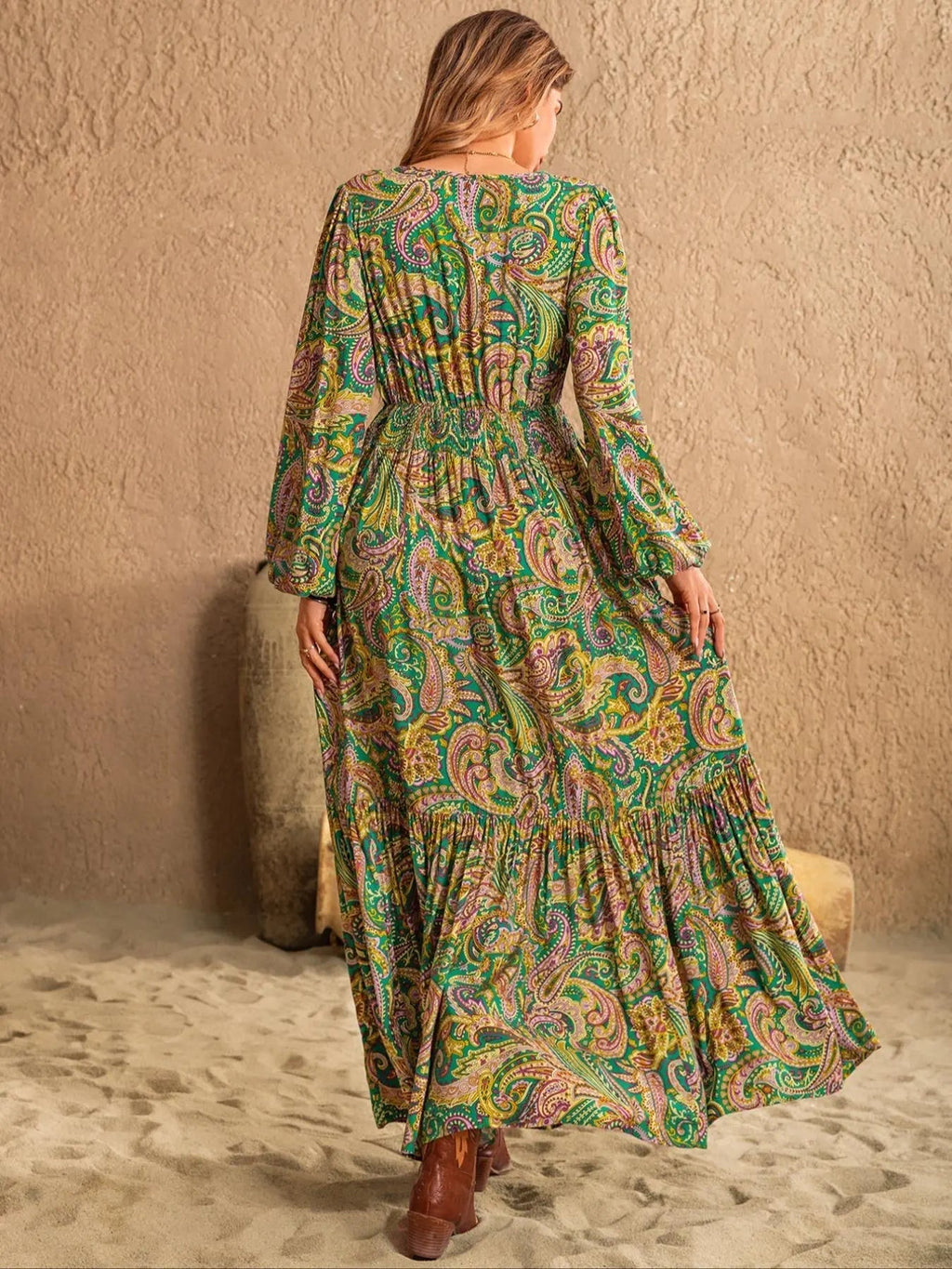 Women's Boho Style Long Sleeve Woven Paisley Print Dress, Fitted Waist Design, Comfortable, Casual & Stylish for All Seasons, Perfect for Beach