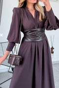 Women Elegant Deep V Lantern Sleeve Leather Waist Maxi Dress