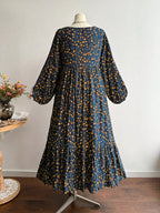 Plus Size Women's Floral Woven Dress, Fall Winter V Neck Tie Back Lace Trim Long Sleeve Maxi Dress, Casual Elegant Fashion