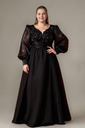 Curveins Plus Size V-Neck Lantern Sleeve Flowy A-Line Maxi Dress
