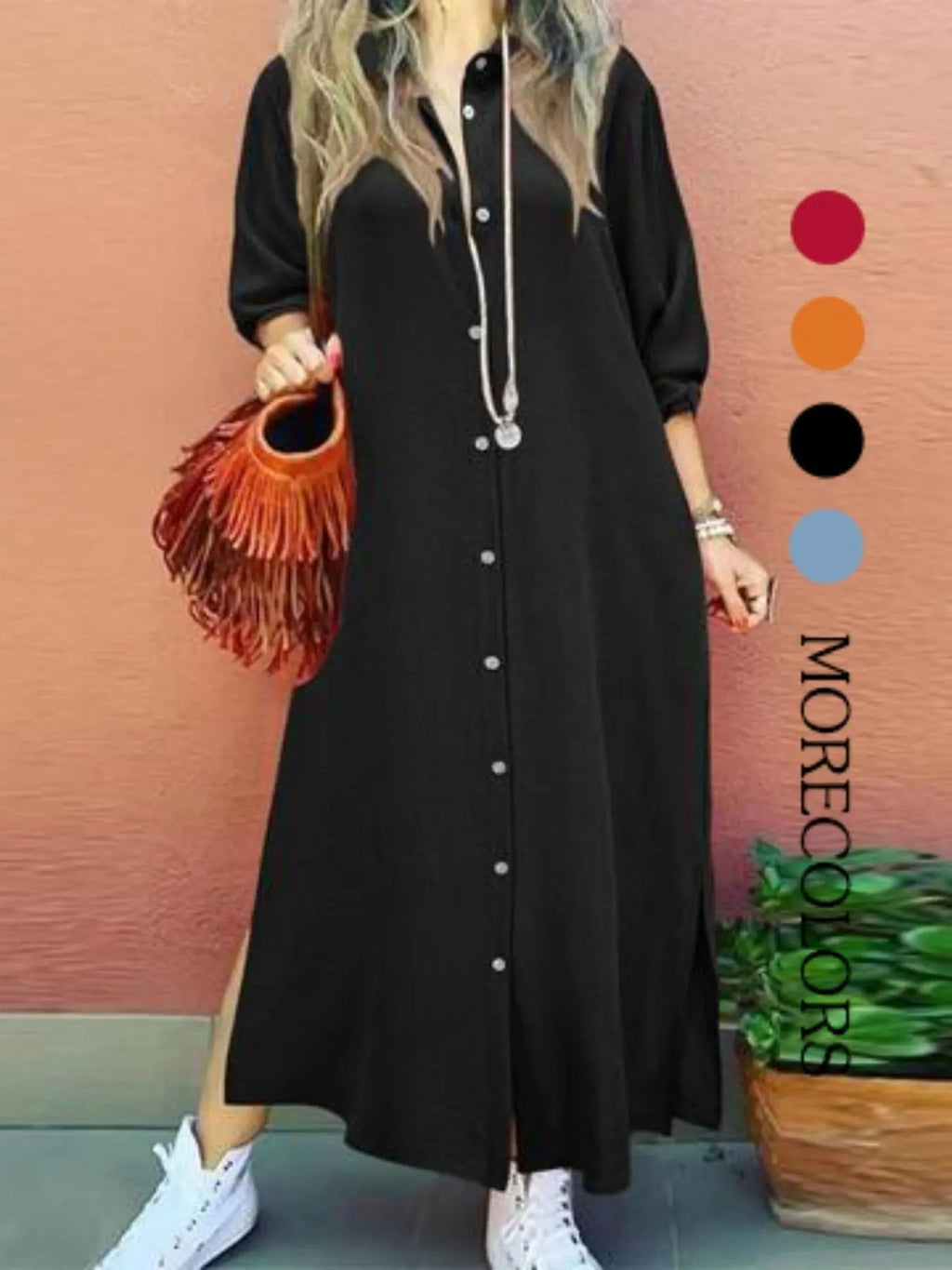 Women's Plain Button Shirt Collar Long Sleeve Dress, Collared Casual Fashion Long Dress for Daily Outdoor Wear, Women's Dress for Spring