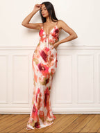 Pink satin-effect backless maxi dress