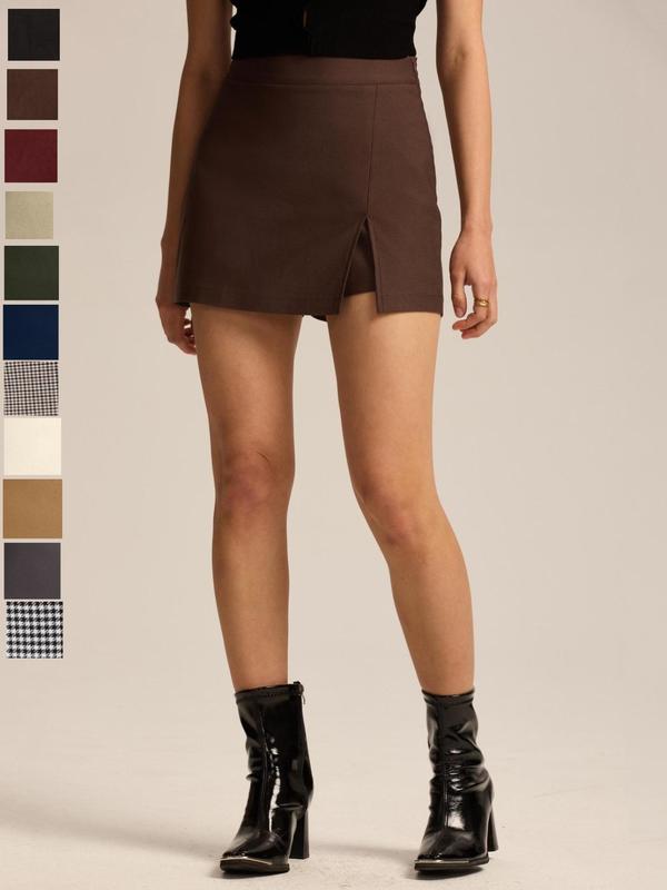 High Waist Slit Skort with Zipper, Stretchy Commuter Daily Wear, Versatile Elastic Skort, Women's Fashion Apparel