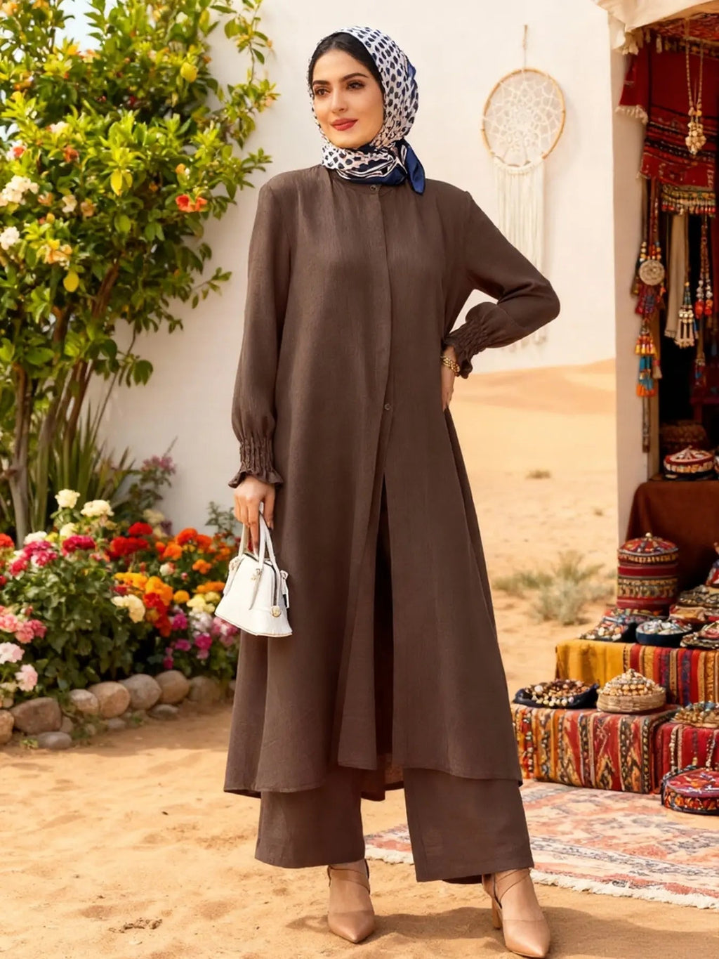Arabian Style Modesty Two-Piece Set for Muslim Women Long Sleeve Shirt & Pants, Plus Size, Perfect for Spring & Fall Seasons