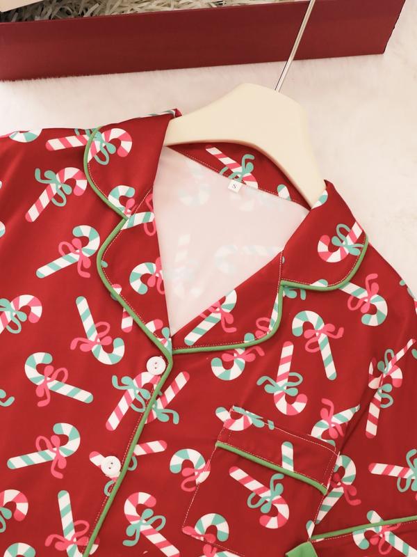 2 pieces of ladies' Christmas cane candy printed short sleeved shorts sleepwear set with buttons, collars, bows, suitable for comfortable and casual home wear in all seasons