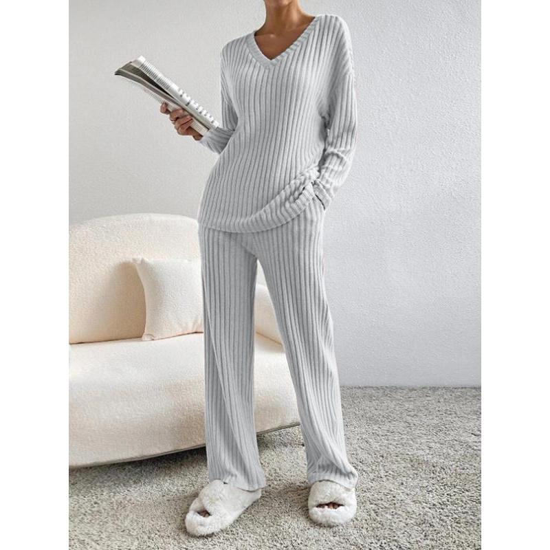 Women's Solid Drop Shoulder Pocket Lounge Set, Casual Long Sleeve V Neck Top & Straight Leg Pants Two-piece Set, Women's Sleepwear
