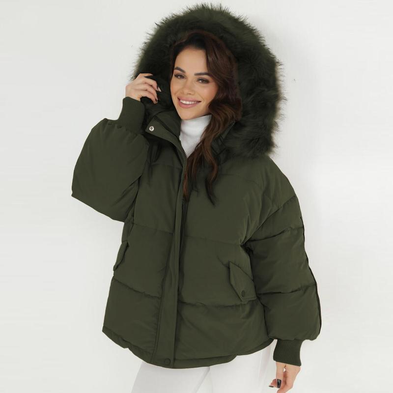 Women's Oversize Plush Hooded Zip-Up Thermal Cotton Coat,Fall & Winter Womenswear,Stylish Long Sleeve Flap Pocket Zipper Outerwear Jacketl