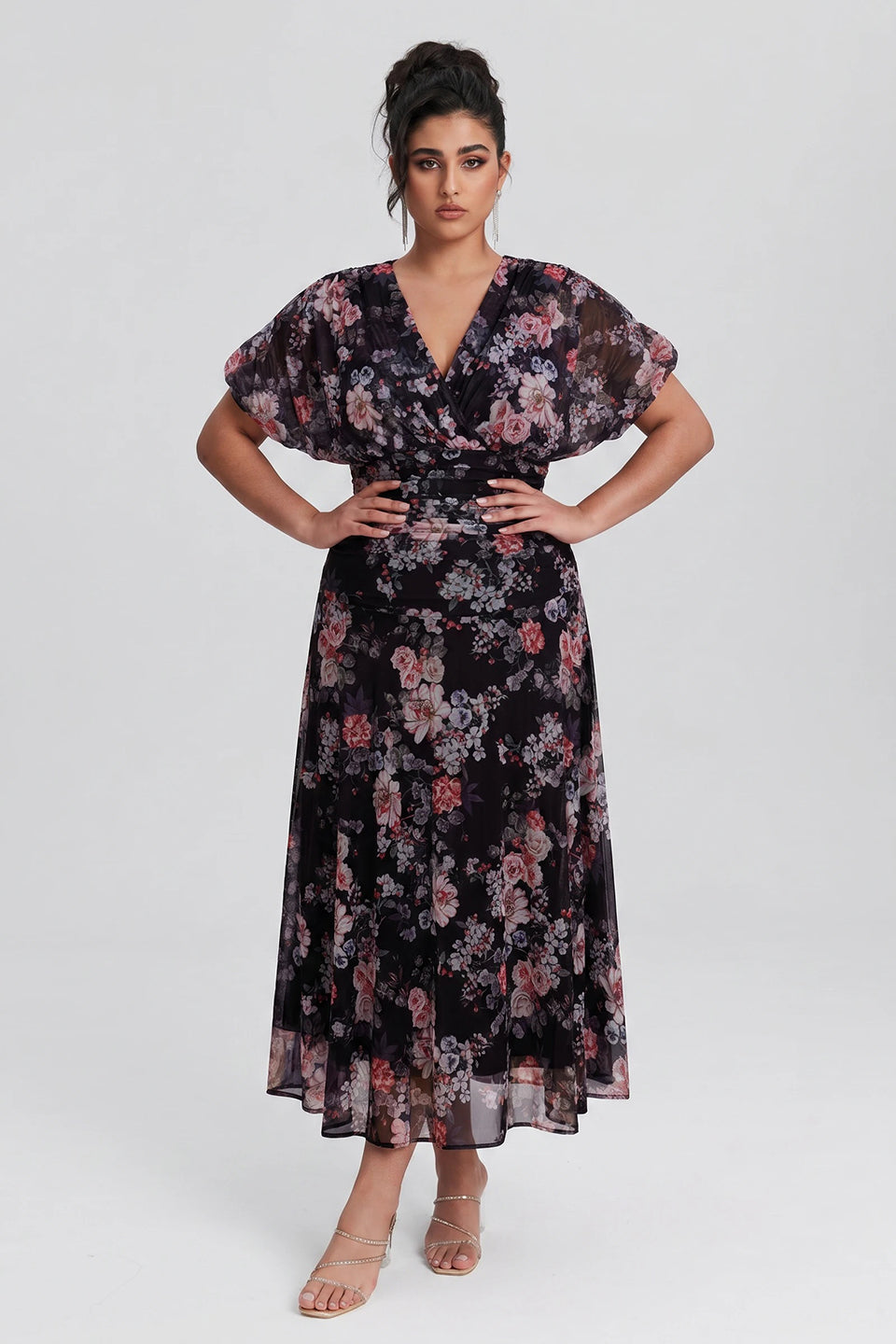Curveins Plus Size V Neck Puff Sleeve Waist Defining Floral Print Elegant Maxi Dress