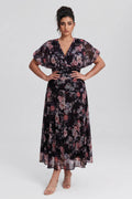 Curveins Plus Size V Neck Puff Sleeve Waist Defining Floral Print Elegant Maxi Dress
