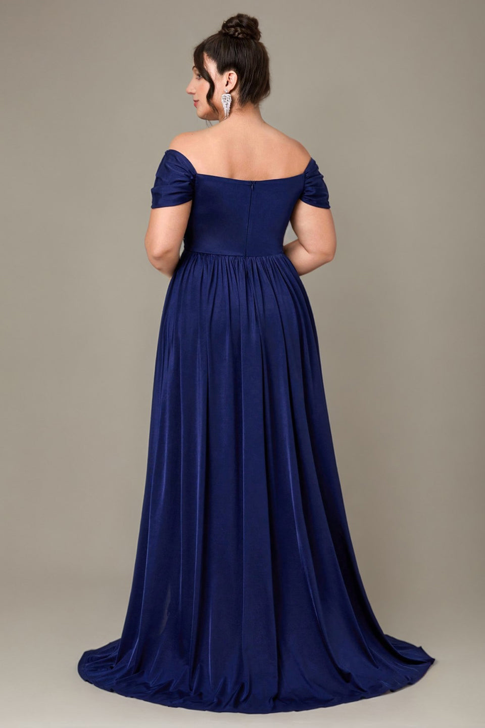 Curveins Plus Size Off Shoulder Wrinkle Detail Split Hem Flared Maxi Dress