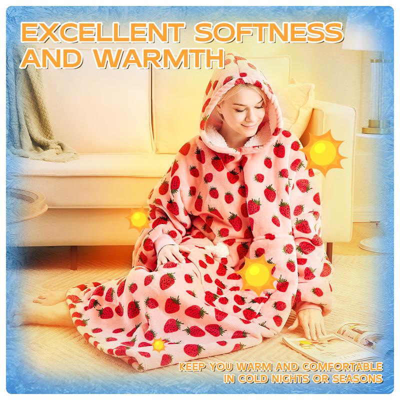 Wearable Blanket Hoodie Oversized Sherpa Fleece Hooded Sweatshirt Blanket with Sleeves,Cozy and Giant Blanket Hoodie Extra Long for Adults Women Winter Gift (Strawberry)