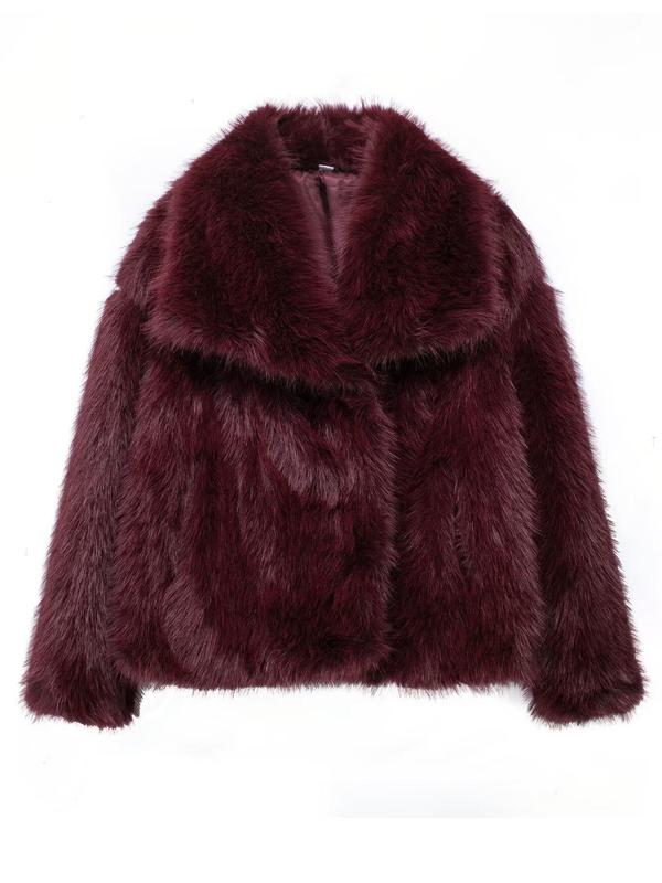 Women's Solid Color Faux Fur Fuzzy Jacket, Casual Long Sleeve Collared Fuzzy Coat for Fall & Winter, Women's Clothing for Daily Wear, Cute Tops