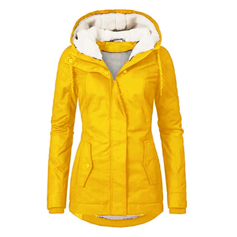 Winter Thickened Cotton Parka with Fleece Lining Hooded Warm Coat Mid-Length Women's Fitted Long Sleeve Outerwear Black Imitation Fur Tops for Casual Basic Minimalist Womenswear Elegance Style - Jackets