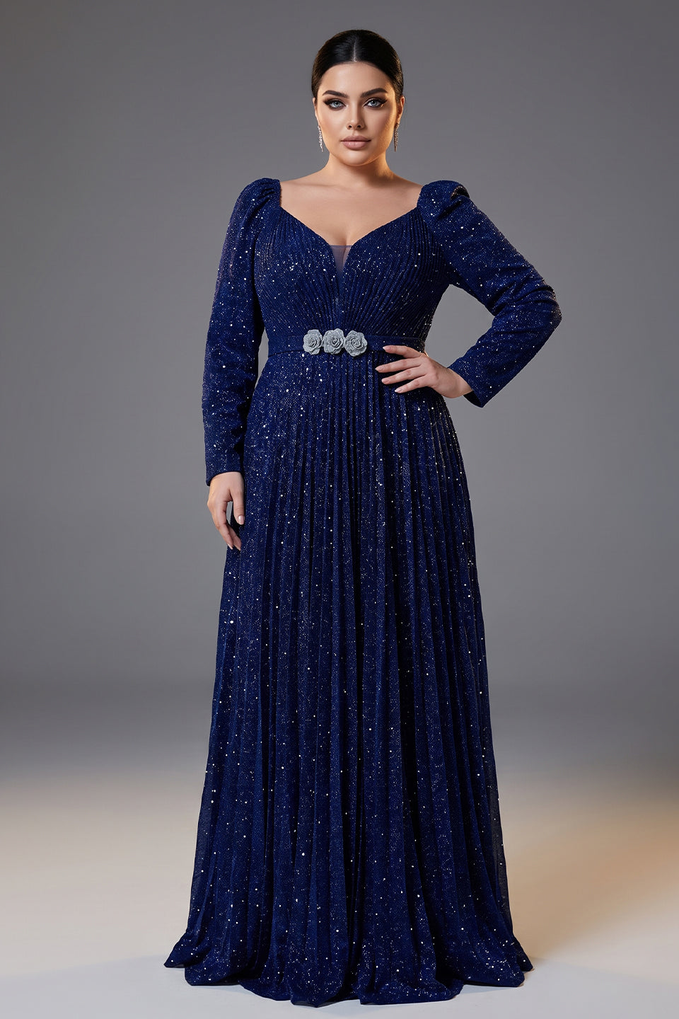 Curveins Plus Size V Neck Short Sleeve Ruched Waist Flowy Elegant Maxi Dress