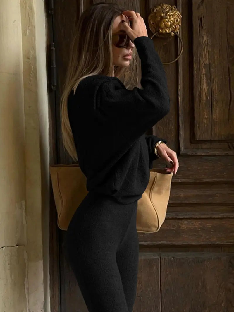 Women's Solid Asymmetrical Neck Top & Flare Leg Pants Set, Casual Drop Shoulder Long Sleeve Top & Trousers, Women's Fall & Winter Clothes for Daily Wear