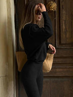 Women's Solid Asymmetrical Neck Top & Flare Leg Pants Set, Casual Drop Shoulder Long Sleeve Top & Trousers, Women's Fall & Winter Clothes for Daily Wear