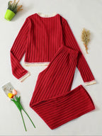 Women's V Neck Long Sleeve Pajama Set, Casual Fitted Sleepwear for All Seasons, Elegant Home Wear, 2pcs New Arrival