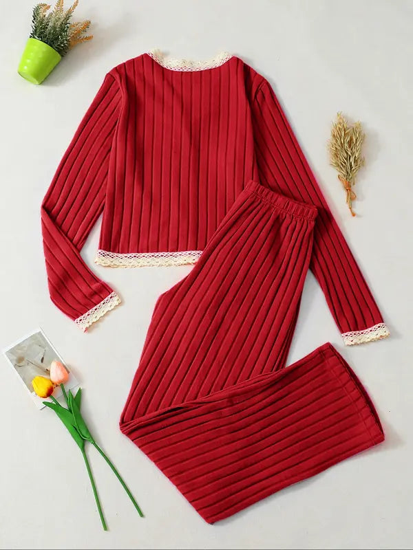 Women's V Neck Long Sleeve Pajama Set, Casual Fitted Sleepwear for All Seasons, Elegant Home Wear, 2pcs New Arrival