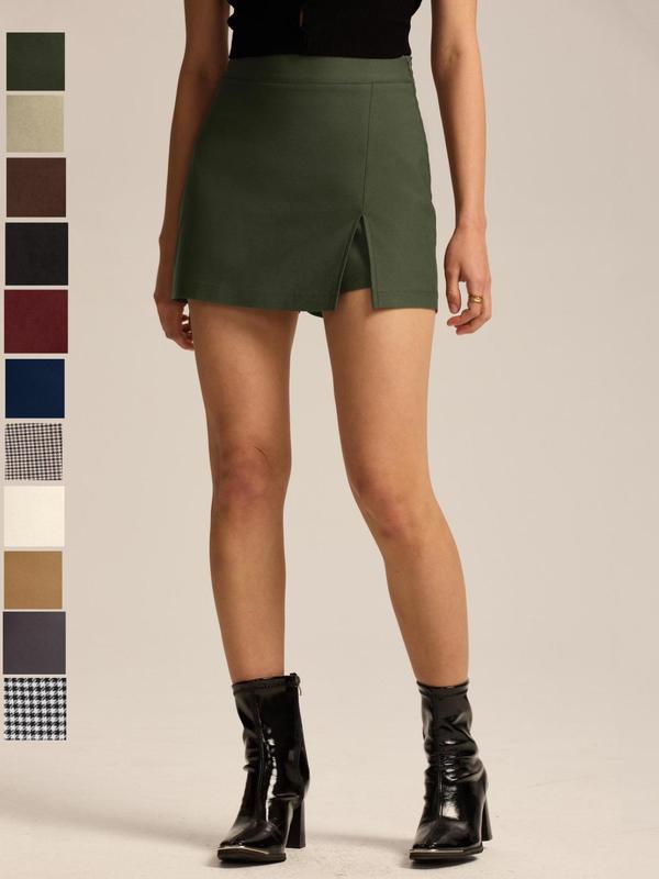 High Waist Slit Skort with Zipper, Stretchy Commuter Daily Wear, Versatile Elastic Skort, Women's Fashion Apparel