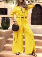 Women's Long Sleeve Loose Fit Shirt Set with Tie Hem, Single Button Decorated Wide Leg Pants, Casual All Season Outfit