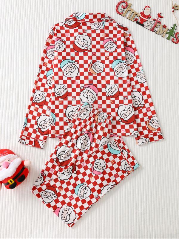 Two-piece Set Women's Christmas Print Button Front Pocket Shirt & Elastic Waist Pants Pyjama, Casual Comfy Long Sleeve Collared Top & Trousers Pyjama Set, Women's Sleepwear for Spring & Fall