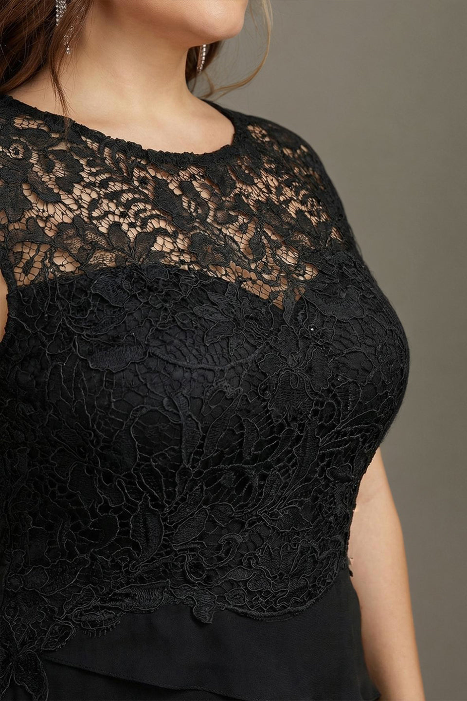 Curveins Plus Size Round Neck Chiffon Cross Ruffle A-Line Sheer Elegant Maxi Dress