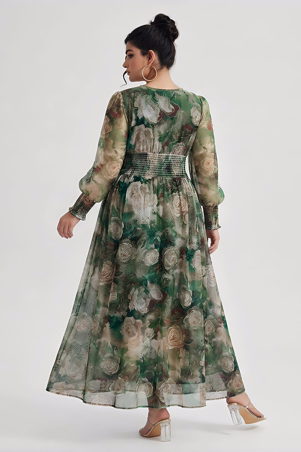 Curveins Plus Size V Neck Long Sleeve Floral Waist Maxi Dress
