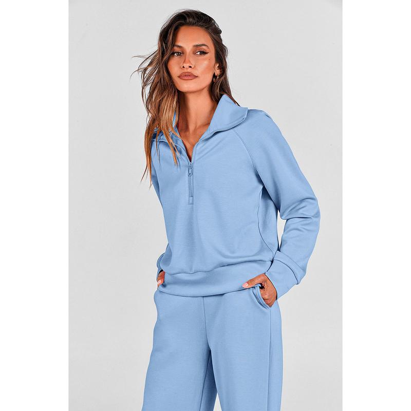 Women's Casual 2-Piece Sweatsuit Set - Half Zip Pullover Sweatshirt & Wide Leg Pants with Drawstring - Matching Tops & Sweatpants for Comfort