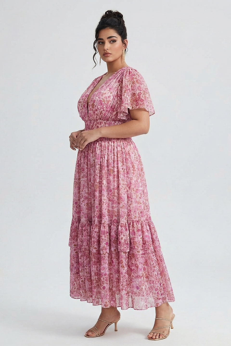Curveins Plus Size  Floral Smocked Waist Ruffle Sleeve Maxi Dress