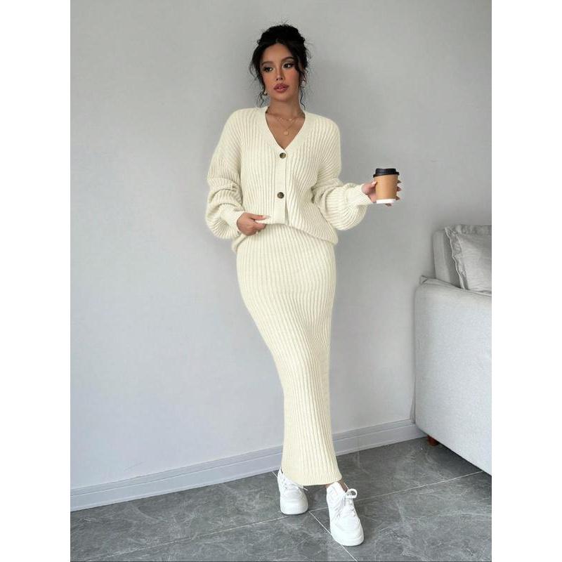 Women's Solid Button Front Sweater & Long Skirt Two-piece Set, Casual Drop Shoulder Long Sleeve Knit Top & High Waist Skirt for Daily Outdoor Wear, Women's Knitwear for Fall & Winter
