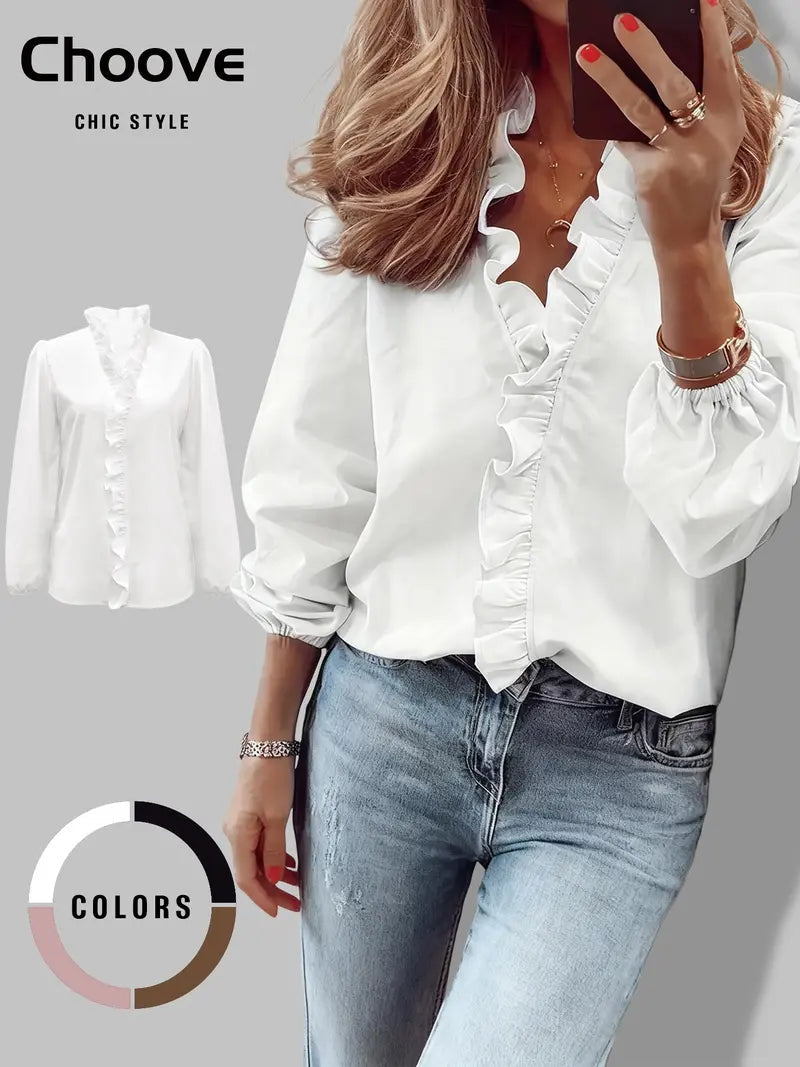 Women's Elegant V Neck Blouse with Ruffles, Loose-Fit Woven Shirt for All Seasons, Plain Pattern Casual Top for Office Wear