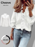 Women's Elegant V Neck Blouse with Ruffles, Loose-Fit Woven Shirt for All Seasons, Plain Pattern Casual Top for Office Wear