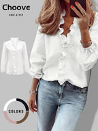 Women's Elegant V Neck Blouse with Ruffles, Loose-Fit Woven Shirt for All Seasons, Plain Pattern Casual Top for Office Wear