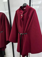Women's Plain Front Buckle Belted Woolen Cape Coat