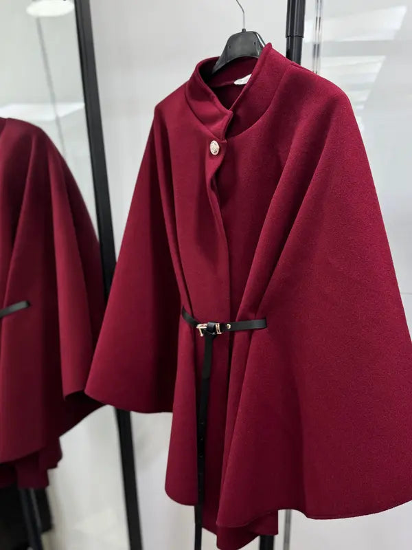 Women's Plain Front Buckle Belted Woolen Cape Coat