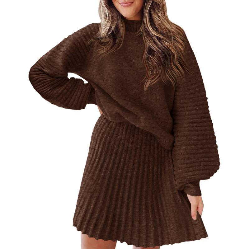 Women's 2 Piece Outfits 2025 Long Sleeve Mock Neck Ribbed Sweaters And Mini Skirt Two Piece Sets
